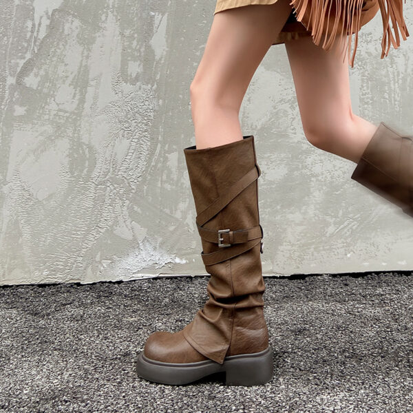 Western Cowboy Boots for Women | Brown Maillard Wasteland Style Long Boots | Thick-Sole High Leg Pants Boots